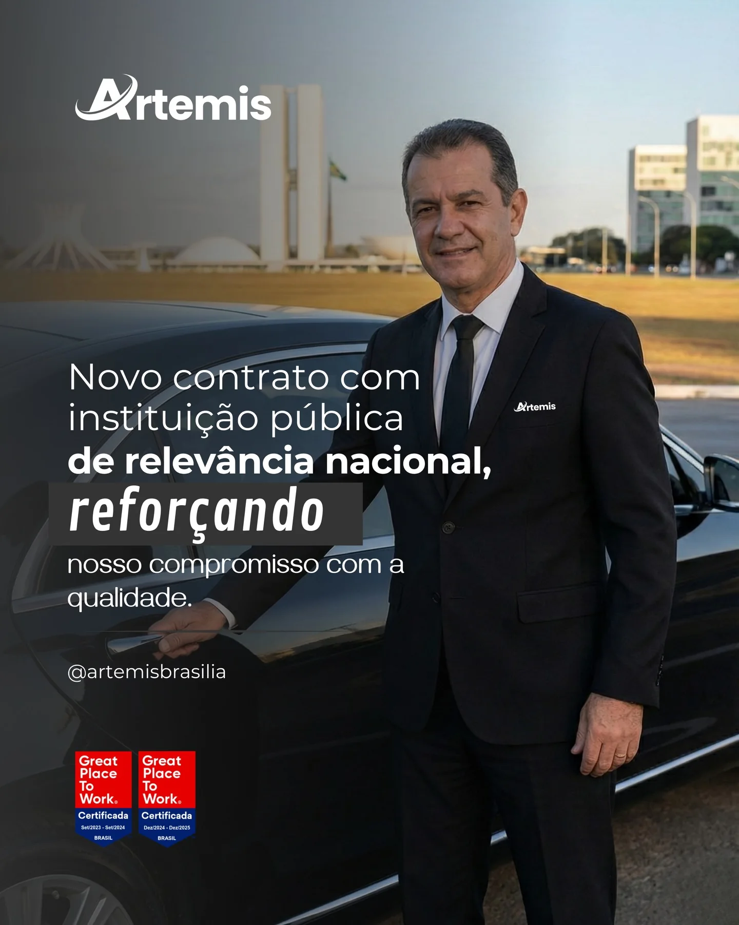 Publicação da Artemis sobre motoristas, com profissional junto a um veículo em Brasília
